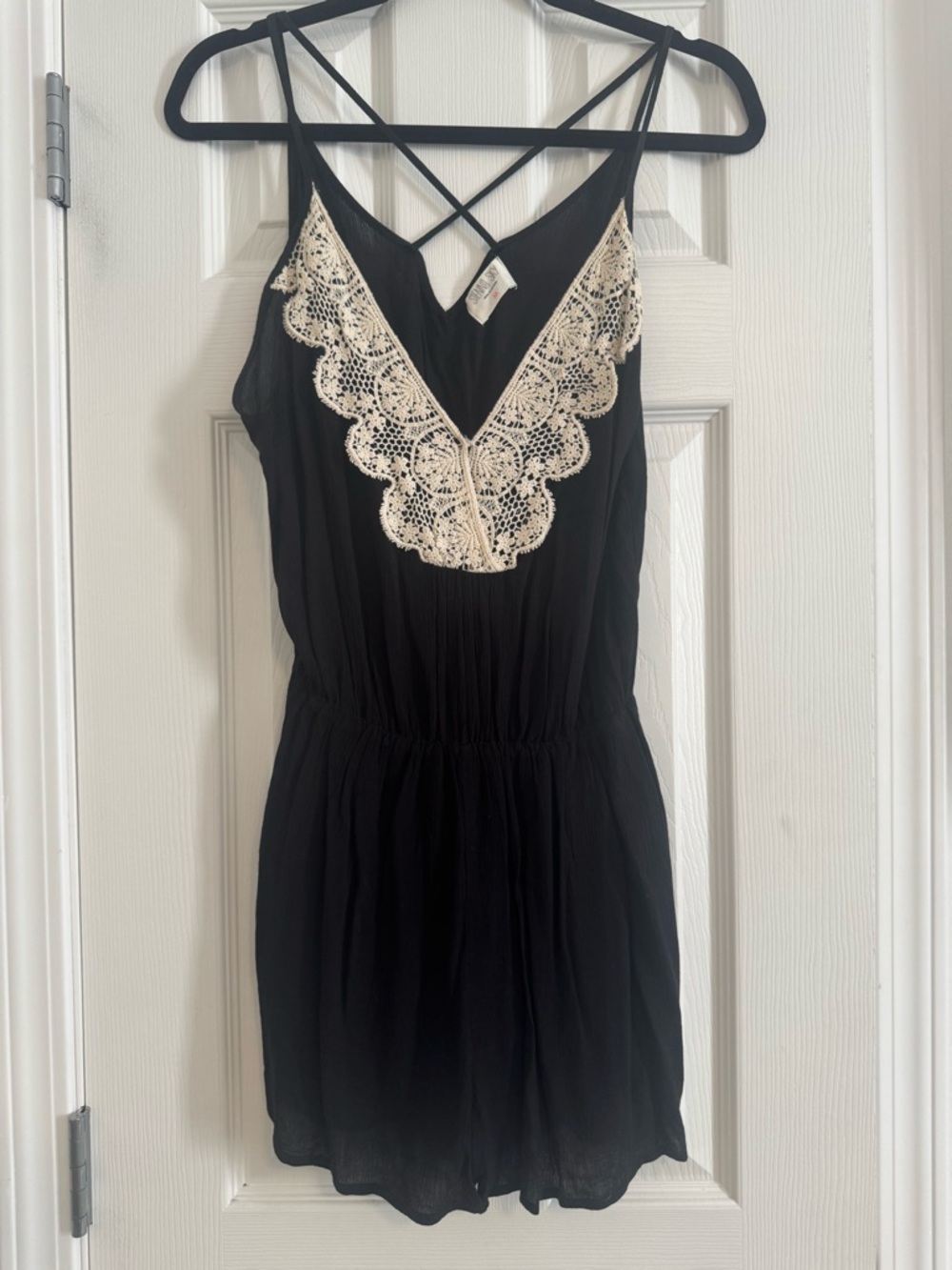 Sienna Sky Black Romper with Cream Crochet Trim